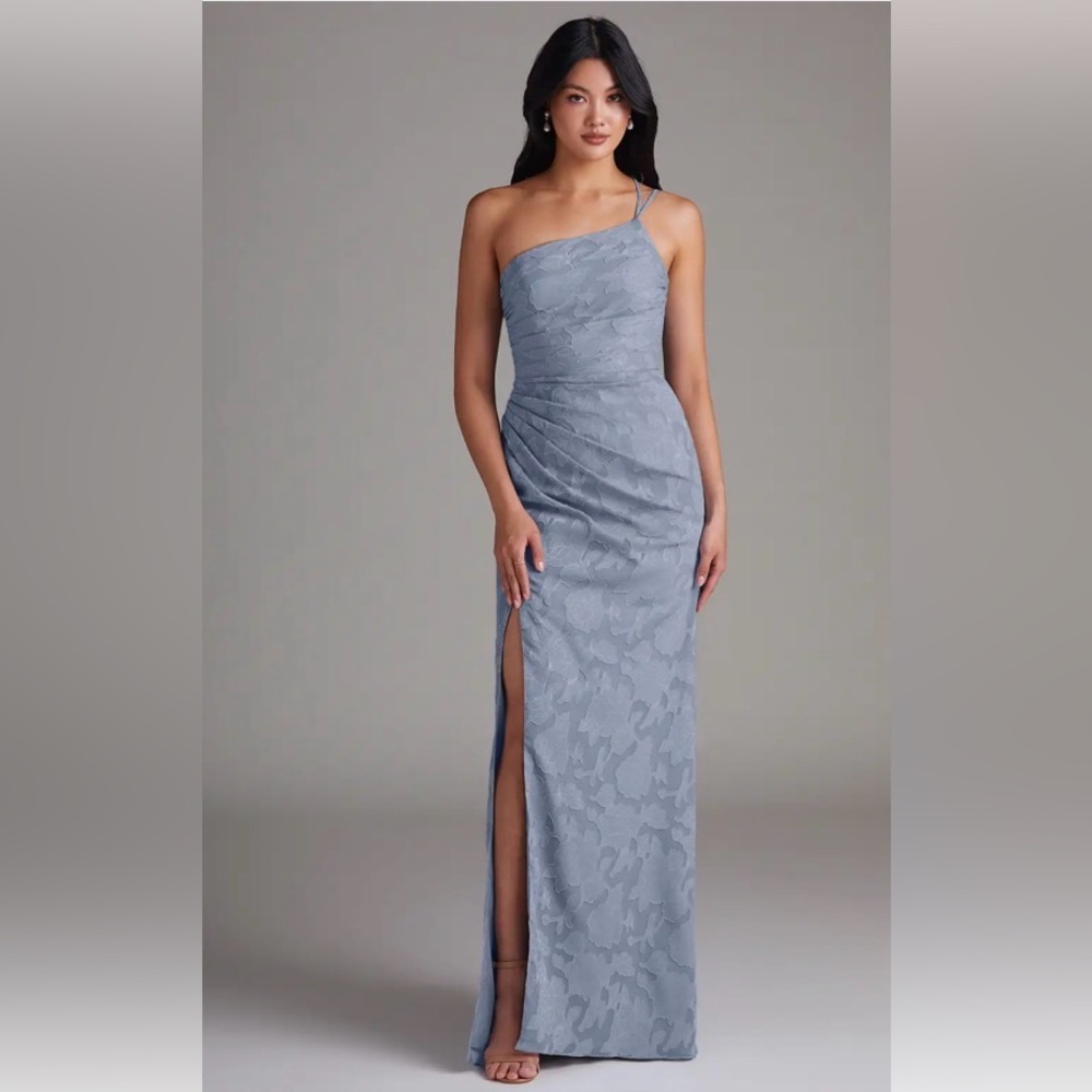 Azazie Eren One-Shoulder Maxi Dress in Dusty Blue